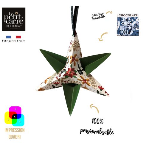 Etoile de Noël personnalisée contenant 1 carré 5g de chocolat noir 71% de cacao Bio*