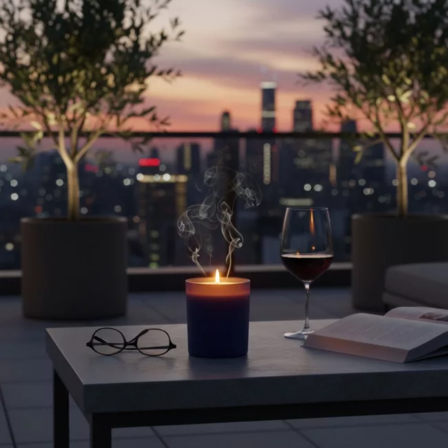 Bougie sur une terrasse en soirée : cadeaux de fin d'année pour entreprise