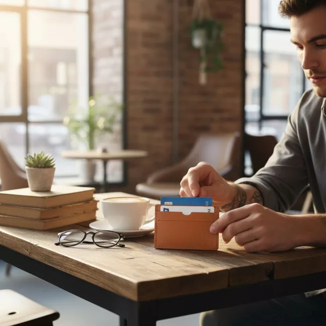 Porte-cartes en cuir sur une table de café : objets publicitaires pour salons professionnels