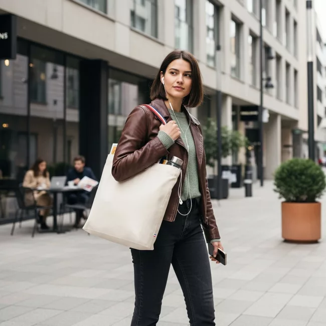 Tote bag en coton fabriqué en France, porté en ville : goodies pour associations