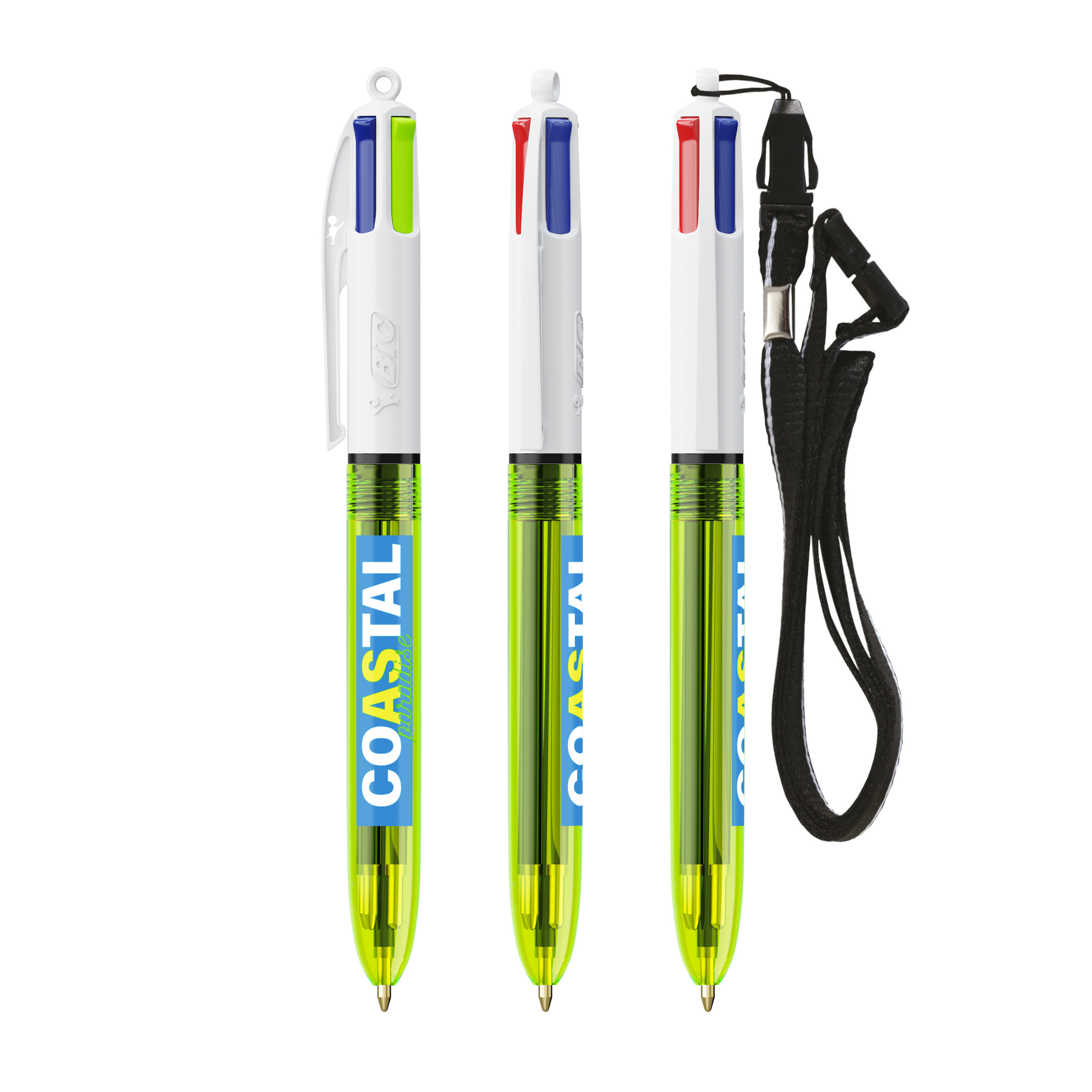 Stylo BIC® 4 Couleurs Fluo Bille + lanyard personnalisable