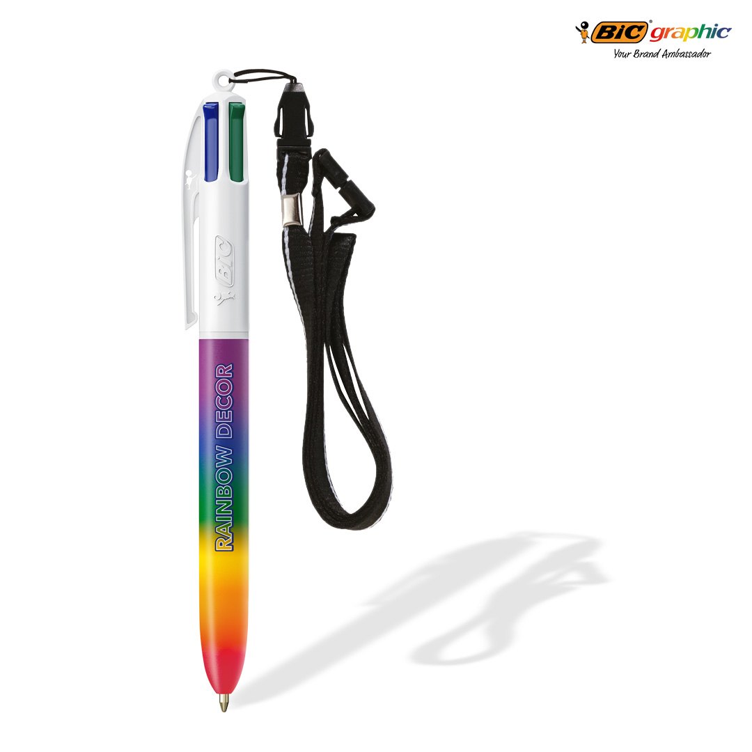 Stylo BIC® 4 Couleurs® Rainbow Decor + Lanyard personnalisable