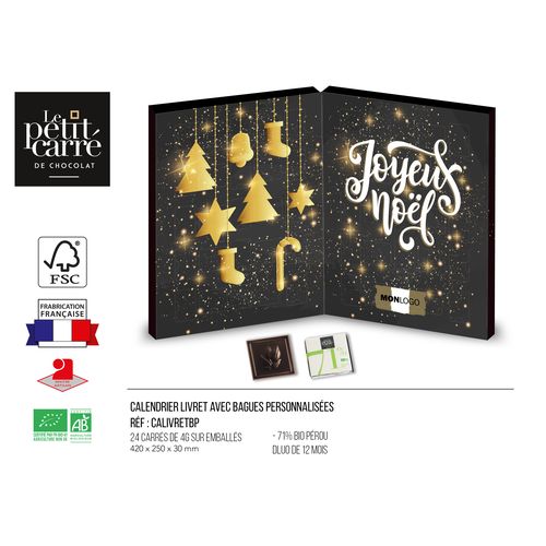 Calendrier de l'Avent Livret personnalisé contenant 24 carrés de chocolat 4g Bio* 71% de cacao personnalisable - vue principale