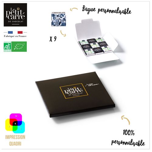 Pochette personnalisée recto-verso 9 carrés de chocolat noir avec bagues personnalisées