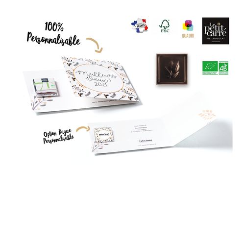 Carte de vœux personnalisée 1 carré 4g chocolat noir 71% Bio* avec bague personnalisée personnalisable - vue principale