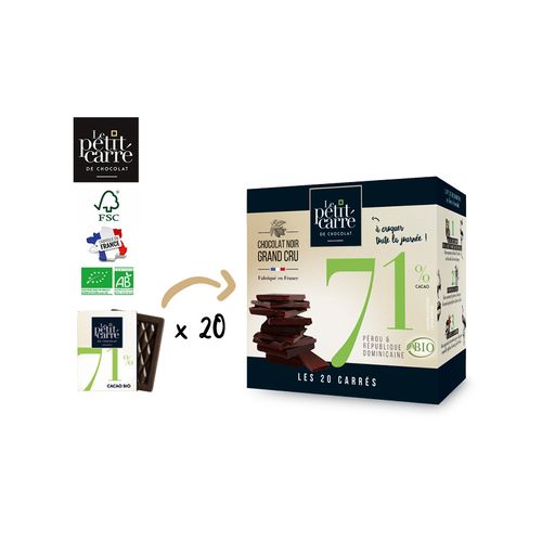 Boîte de 20 carrés 5g de chocolat noir 71% de cacao Bio*