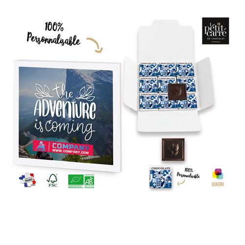 Pochette personnalisée 9 carrés de chocolat noir avec bagues personnalisées