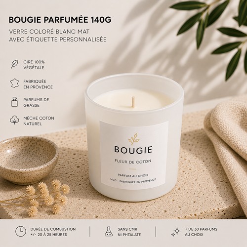 Bougie parfumée 140g : verre coloré blanc mat avec étiquette personnalisée