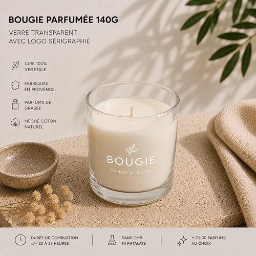 Bougie parfumée 140g : verre transparent avec logo sérigraphié