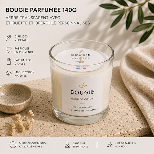 Bougie parfumée 140g : verre transparent avec étiquette et opercule personnalisés
