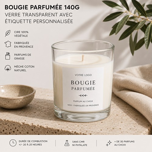 Bougie parfumée 140g : verre transparent avec étiquette personnalisée