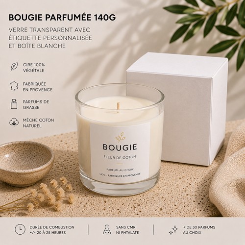 Bougie parfumée 140g : verre transparent avec étiquette personnalisée et boîte blanche