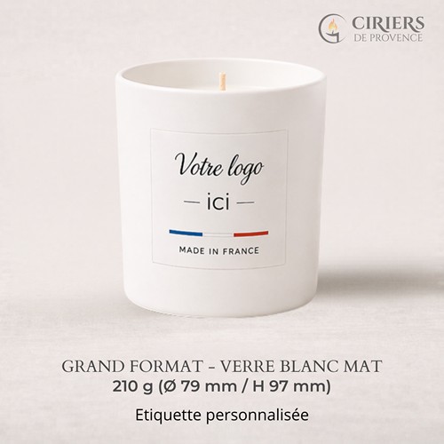 Bougie parfumée 210g : verre coloré blanc mat avec étiquette personnalisée