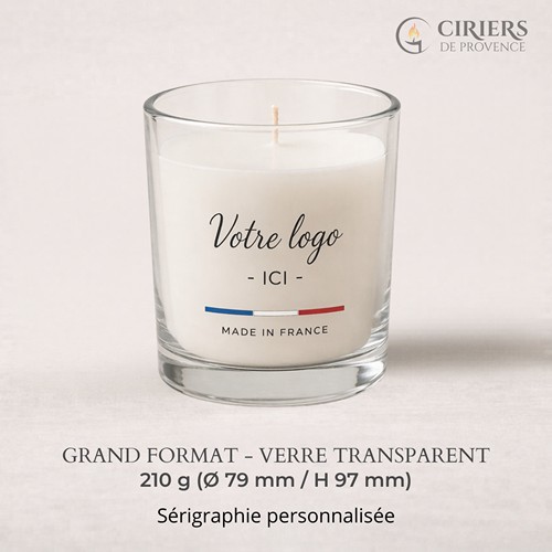 Bougie parfumée 210g : verre transparent avec logo sérigraphié