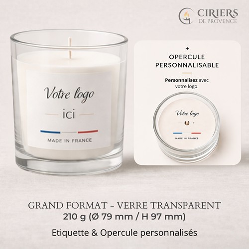Bougie parfumée 210g : verre transparent avec étiquette et opercule personnalisées