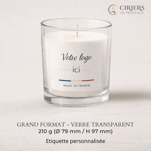 Bougie parfumée 210g : verre transparent avec étiquette personnalisée