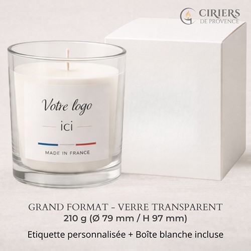 Bougie parfumée 210g : verre transparent avec étiquette personnalisée et boîte blanche
