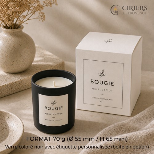Bougie parfumée 70g : verre coloré noir mat avec étiquette personnalisée