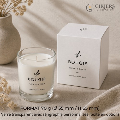 Bougie parfumée 70g : verre transparent avec logo sérigraphié