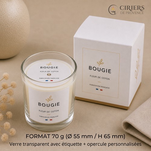 Bougie parfumée 70g : verre transparent avec étiquette et opercule personnalisées