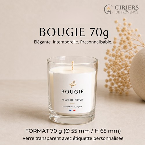 Bougie parfumée 70g : verre transparent avec étiquette personnalisée