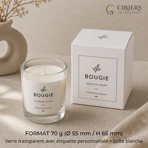 Bougie parfumée 70g : verre transparent avec étiquette personnalisée et boîte blanche