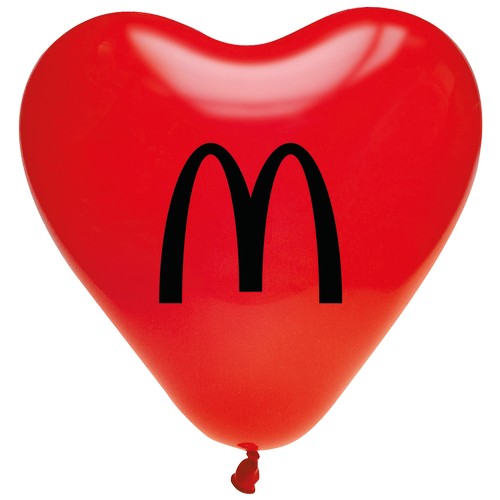 Ballons publicitaires forme CŒUR GM envergure 50cm imprimés sur 1 face en 1 couleur, par sérigraphie